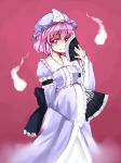  dual_wielding fan fan_over_face frills hitodama japanese_clothes pas_(paxiti) pink_eyes pink_hair saigyouji_yuyuko short_hair smile solo touhou triangular_headpiece wide_sleeves 