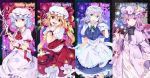  4girls :d bat_wings blonde_hair blue_hair book braid capelet character_name chocho_(homelessfox) crescent dress flandre_scarlet gloves holding holding_book holding_knife izayoi_sakuya long_hair looking_at_viewer maid maid_headdress multiple_girls open_mouth patchouli_knowledge purple_eyes purple_hair red_eyes remilia_scarlet side_ponytail silver_hair smile touhou twin_braids violet_eyes wings wrist_cuffs 