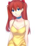  asukasukisuki blue_eyes breasts choker cleavage dress hair_ornament kurumiya_hato long_hair neon_genesis_evangelion red_hair redhead smile solo soryu_asuka_langley souryuu_asuka_langley sundress 