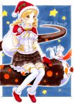  blonde_hair capelet charlotte_(madoka_magica) drill_hair gloves hat highres kyubey mahou_shoujo_madoka_magica santa_costume santa_hat sharp_teeth skirt smile thigh-highs thighhighs tomoe_mami twin_drills twintails watayuki white_legwear yellow_eyes 