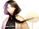  black_hair bleach braid flower front_braid haori highres japanese_clothes ktsis long_hair petals purple_eyes single_braid solo spider_lily unohana_retsu violet_eyes 