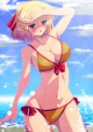  alternate_costume bad_anatomy beach bikini blonde_hair blush breasts chestnut_mouth cleavage cloud clouds green_eyes hair_ribbon hand_on_forehead highres large_breasts mizuhashi_parsee navel open_mouth orange_bikini pointy_ears ribbon shiny shiny_skin short_hair side-tie_bikini sky solo sousakubito strap_gap swimsuit touhou water 