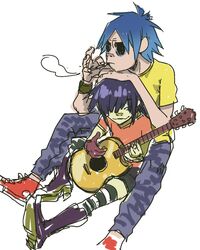  1girl 2d_(gorillaz) a-ka blue_hair boots empty_eyes gorillaz guitar hair_over_one_eye high_tops instrument jeans noodle noodle_(gorillaz) shorts simple_background single_glove sitting smoking stuart_pot t-shirt upturned_nose 