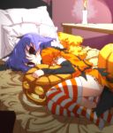  animal_ears bed blue_eyes blue_hair candle cat_ears copyright_request jack-o&#039;-lantern jack-o'-lantern looking_at_viewer lying on_side panties short_hair solo striped striped_legwear striped_panties thigh-highs thighhighs tonbi underwear 