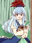  bag bamboo bamboo_forest blue_dress blue_hair brown_eyes commentary commentary_request dress forest hat juliet_sleeves kamishirasawa_keine komaku_juushoku long_hair long_sleeves nature open_mouth puffy_sleeves shopping_bag smile solo spring_onion touhou 
