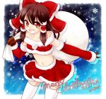  :d alternate_costume bare_shoulders blush bow brown_hair christmas collarbone dated detached_sleeves fang gloves hair_bow hair_tubes hakurei_reimu haruki_5050 long_hair merry_christmas midriff miniskirt navel open_mouth red_eyes sack santa_costume signature skirt smile snowflakes solo thigh-highs thighhighs touhou white_legwear 
