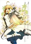  belt blonde_hair boots calendar chain chains fate/extra fate/extra_ccc fate_(series) flower green_eyes high_heels jewelry lock looking_at_viewer open_mouth pointing ring saber_bride saber_extra shoes takeuchi_takashi zipper 