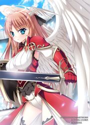  angel angel_wings blonde_hair blue_eyes breasts halo head_wings kaho_okashii large_breasts original pink_hair red_legwear sword weapon wings 