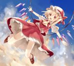  blonde_hair blue_sky cloud clouds fang flandre_scarlet hat hat_ribbon highres open_mouth otegoya puffy_sleeves red_eyes ribbon shirt short_sleeves skirt skirt_set sky smile solo touhou vest wings wrist_cuffs 
