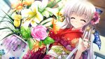  ^_^ aina_ashwin blush closed_eyes eyes_closed flower flower_request game_cg hair_ornament japanese_clothes kimono lily_(flower) long_hair obi prism_recollection prism_recollection! shintarou smile solo tulip white_hair 