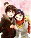  black_hair brother_and_sister character_doll coat dual_persona fur_trim green_eyes hair_ornament hairclip highres kirigaya_suguha kirito kirito_(sao-alo) leafa miniboy minigirl scarf school_uniform serafuku shindo short_hair siblings sword_art_online 