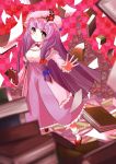  :&lt; blurry bobby_socks book clark&#039;s_nutcracker clark's_nutcracker crescent depth_of_field dress flower hair_ribbon long_hair outstretched_hand paper patchouli_knowledge purple_eyes purple_hair ribbon rose socks solo touhou triangle_mouth violet_eyes 