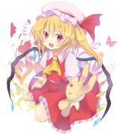  :d ascot blonde_hair flandre_scarlet long_hair open_mouth red_eyes rento_(rukeai) side_ponytail smile solo stuffed_animal stuffed_toy touhou wings 