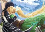  1girl bird black_hair blonde_hair blue_sky blurry closed_eyes cloud depth_of_field dress eyes_closed highres hug kirito kirito_(sao-alo) leafa liuruoyu8888 long_hair pointy_ears ribbon short_hair sky sword_art_online 