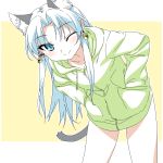  animal_ears bell blue_eyes blue_hair blush cat_ears cat_tail copyright_request earrings extra_ears hands_in_pockets jewelry jingle_bell long_hair looking_at_viewer naked_coat smile solo tail tonbi wink 