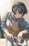  akai_sashimi apron black_hair hairband highres knife looking_down original sharpening short_hair sleeves_pushed_up solo 