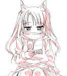 animal_ears blush cellphone copyright_request long_hair monochrome phone scarf simple_background solo tonbi white_background 