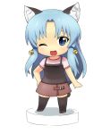 animal_ears bell blue_eyes blue_hair cat_ears cat_tail chibi copyright_request fang faux_figurine hand_on_hip jingle_bell nendoroid open_mouth simple_background skirt smile solo tail thighhighs tonbi white_background wink zettai_ryouiki 