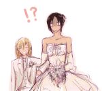  !? 2girls alternate_hairstyle arm_lock bare_shoulders bouquet christa_renz couple dress elbow_gloves flower formal gloves hair_up height_difference lowres multiple_girls pant_suit role_reversal shingeki_no_kyojin short_hair suit wedding wedding_dress white_background ymir_(shingeki_no_kyojin) yuri zenzaemon 