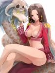  black_hair blue_eyes blush boa_hancock breasts cleavage collarbone crossed_legs earrings jewelry large_breasts legs legs_crossed long_hair looking_at_viewer one_piece rough salome_(one_piece) settyaro sitting skull smile snake solo white_background 