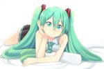  bare_shoulders green_eyes green_hair hatsune_miku long_hair looking_at_viewer lying masuneko necktie sleeveless smile solo spring_onion twintails vocaloid 