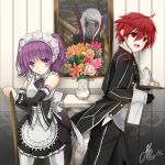  1girl :d aisha_(elsword) alternate_costume bare_shoulders black_gloves blush butler corset cup detached_sleeves elsword elsword_(character) enmaided fine_art_parody flower formal gloves holding kettle maid maid_headdress oao open_mouth pants pantyhose parody picture_(object) portrait_(object) purple_eyes purple_hair red_eyes red_hair redhead short_hair skirt smile suit tea_set teacup the_scream tray twintails vase violet_eyes white_legwear 