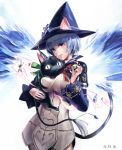  :&lt; animal_ears blue_hair cat cat_ears cat_tail fantasy_earth_zero hako_(mypixid) hat hat_ribbon heart highres holding pink_eyes ribbon short_hair smile solo tail witch_hat 