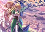  asuna_(sao) asuna_(sao-alo) blonde_hair braid breasts brown_eyes brown_hair cleavage cloud clouds dress elf floating_island green_eyes leafa long_hair looking_at_viewer multiple_girls pointy_ears ponytail sky smile sword_art_online titania_(sao) twin_braids uehara_yukihiko wings 