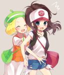  bag baseball_cap bel_(pokemon) blonde_hair blue_eyes blush brown_hair closed_eyes denim denim_shorts eyes_closed hat hijikini hug hug_from_behind long_hair multiple_girls open_mouth pokemon pokemon_(game) pokemon_bw ponytail shirt short_hair shorts shoulder_bag skirt surprised touko_(pokemon) vest wristband yuri 