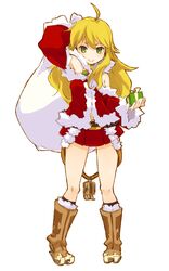  :&gt; ahoge arm_up blonde_hair boots gift green_eyes highres hoshii_miki idolmaster idolmaster_2 looking_at_viewer mota sack santa_costume simple_background smile solo white_background 