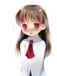  :o blush brown_hair fang heart heart-shaped_pupils ib ib_(ib) long_hair red_eyes shirt simple_background solo symbol-shaped_pupils takeo_(nijie20031) tears translated translation_request white_background white_shirt 