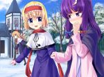  2girls a_(aaaaaaaaaaw) alice_margatroid blonde_hair blue_eyes blush capelet cloak crescent dress hand_holding holding_hands house long_hair multiple_girls no_hat no_headwear open_mouth patchouli_knowledge purple_eyes purple_hair scarf shanghai shanghai_doll short_hair smile snow touhou tree violet_eyes 