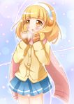  blonde_hair blush cardigan hairband highres kise_yayoi mittens open_mouth precure scarf school_uniform short_hair skirt smile_precure! solo yellow_eyes zenon_(for_achieve) 