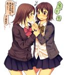  blazer blush bow brown_eyes brown_hair cardigan dress_shirt finger_sucking hachiko_(hati12) long_hair multiple_girls open_clothes open_jacket original pleated_skirt school_uniform shirt short_hair skirt translated yuri 