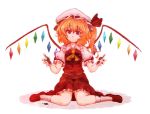  blonde_hair colored_pencil_(medium) flandre_scarlet hat hat_ribbon looking_at_viewer no_mouth red_eyes ribbon side_ponytail sitting solo tears terajin touhou traditional_media wariza white_background wings 