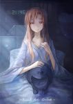  asuna_(sao) brown_eyes brown_hair clock collarbone faux_traditional_media headwear_removed helmet helmet_removed long_hair looking_at_viewer nervegear pillow smile solo spark_(pixiv) spark_(sandro) sword_art_online tears title_drop 