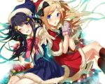  :o ;d black_hair blue_eyes bow brown_hair dangan_ronpa dress flower gloves hair_bow hat long_hair maizono_sayaka multiple_girls okia open_mouth ornament outstretched_arm santa_costume smile sonia_nevermind star super_dangan_ronpa_2 wink 