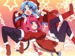  animal_ears bell blue_eyes blue_hair blush breasts copyright_request extra_ears hat jingle_bell long_hair looking_at_viewer multiple_girls open_mouth pantyhose pink_hair santa_hat smile star thigh-highs thighhighs tonbi 