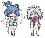  blue_eyes blue_hair blush braid breasts chibi cleavage high_heels hyouju_issei izayoi_sakuya kaku_seiga kureha_mitsushige maid_headdress multiple_girls race_queen racequeen shoes touhou umbrella 