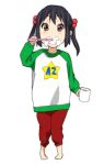  black_hair brown_eyes brushing_teeth child cup grin hair_bobbles hair_ornament k-on! mug nakano_azusa pigeon-toed raglan_sleeves short_twintails simple_background smile solo standing toothbrush twintails watanore white_background young 