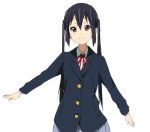  1girl black_hair brown_eyes jacket k-on! long_hair looking_at_viewer nakano_azusa pleated_skirt simple_background skirt smile solo twintails watanore white_background 