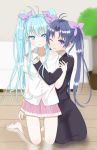  barefoot blue_hair denpa_onna_to_seishun_otoko feet hair_ribbon hug kneeling mother_and_daughter ribbon skirt touwa_erio touwa_meme twintails wink 