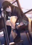  amagami ayatsuji_tsukasa black_eyes black_hair chair cover_image finger_to_mouth gloves kneehighs long_hair looking_at_viewer santa_(sunflower) scarf school_desk school_uniform sitting skirt smile solo window 