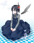  black_eyes black_hair checkered checkered_floor crossdressinging dress frills gothic_lolita hat highres keishi_(trap) kirito lolita_fashion male mini_top_hat short_hair solo sword_art_online top_hat trap wings 