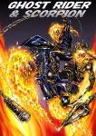  2boys black_gloves burning burning_eyes byakuren_(midwood) chain chains crossover fire ghost_rider gloves leather_jacket marvel mortal_kombat motor_vehicle motorcycle multiple_boys muscle ninja open_mouth outstretched_arm polearm riding scorpion_(mortal_kombat) skull spear spikes studded sword vehicle weapon 
