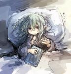  bed book final_fantasy final_fantasy_xi fujiwara_akina green_hair pointy_ears short_hair tarutaru violet_eyes 