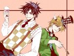  black_hair blonde_hair blue_eyes blue_hair caesar_anthonio_zeppeli cup fork hat jojo_no_kimyou_na_bouken joseph_joestar_(young) multiple_boys suspenders sweater_vest tonkatsu-00 wine wine_glass 