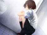  bathroom brown_eyes brown_hair commentary commentary_request crossed_arms looking_down original school_uniform short_hair solo squatting toilet yui_7 