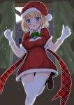  alice_margatroid blonde_hair blue_eyes breasts christmas cleavage curtains gloves haruki_(hamabitch) hat moon santa_costume santa_hat short_hair solo standing_on_one_leg taut_shirt thigh-highs thighhighs touhou white_legwear window 