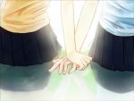  commentary hands_together head_out_of_frame holding_hands multiple_girls original school_uniform sitting skirt sweater_vest yui_7 